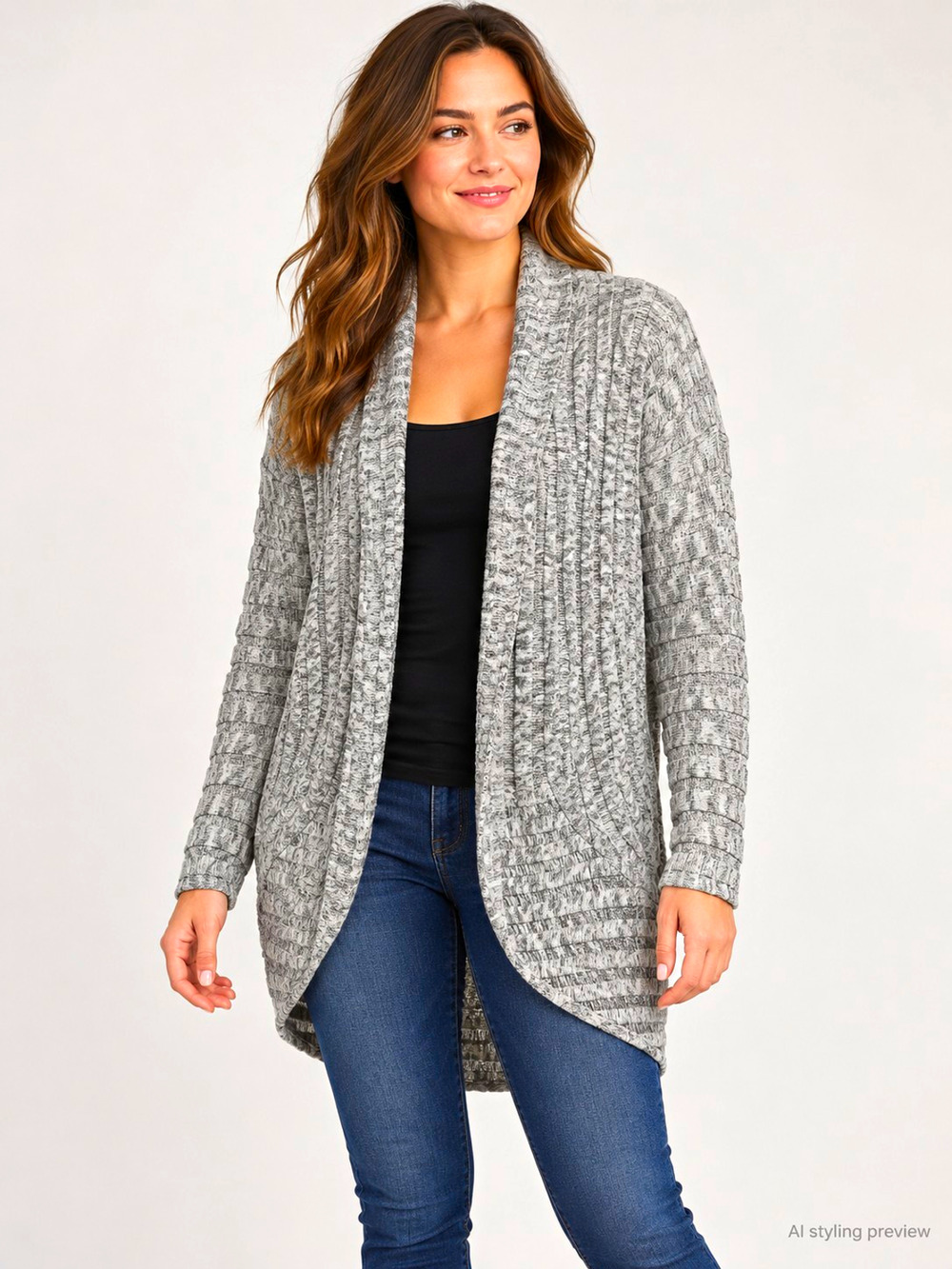 BKE Cardigan Womens Small Gray Marled Ribbed Knit Open Front Shawl Collar Sweate